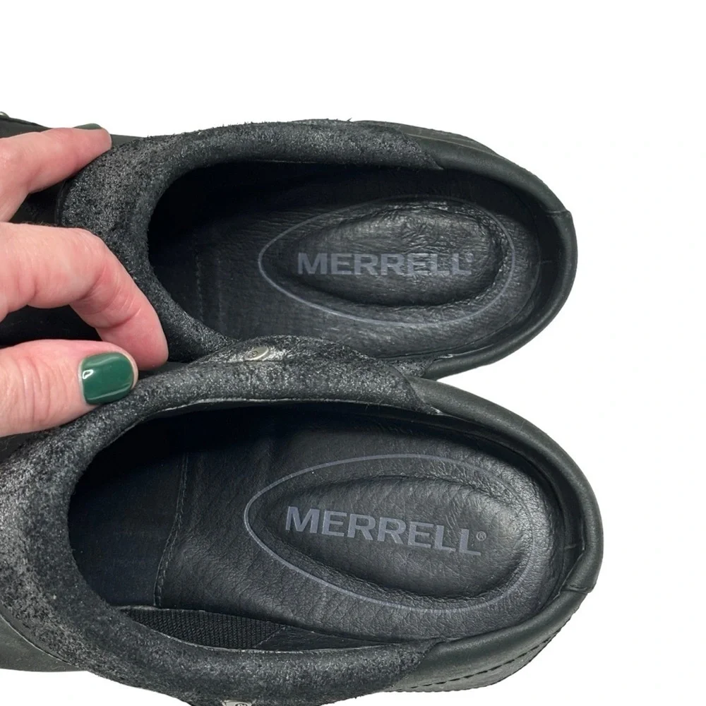 Merrell Black Luxe Leather Wrap 2.5” Slip On Clog w Nickel Stud Accents Size 11 - Picture 11 of 14